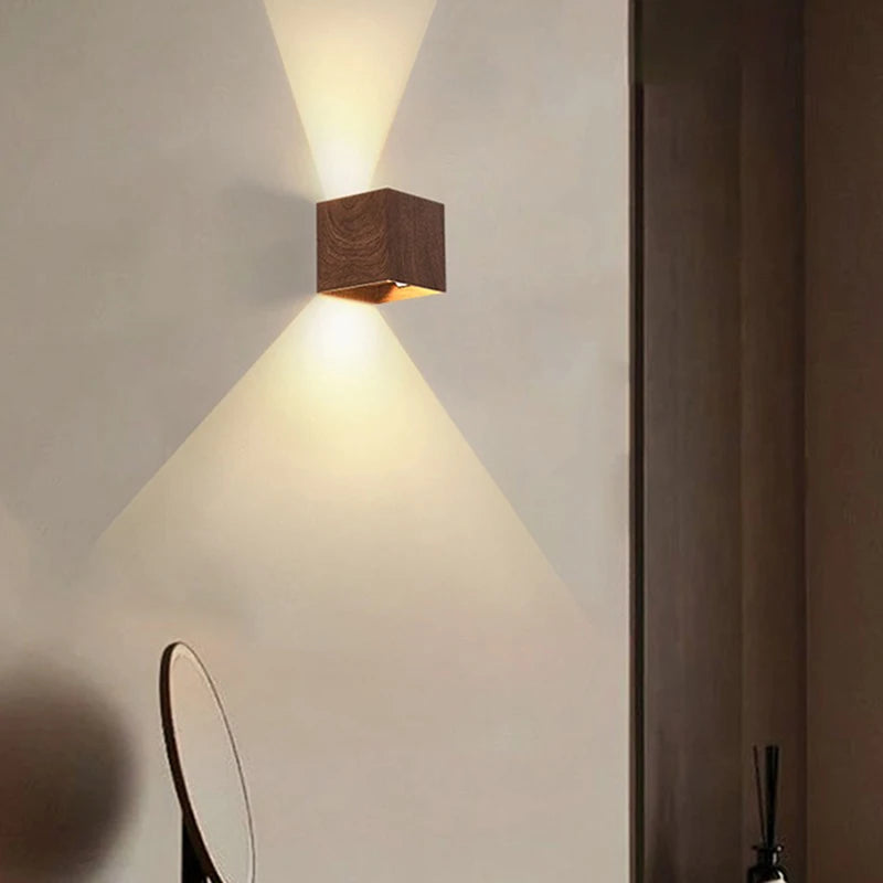 Nordic Wood Wall Lamp LED Original Wooden Walnut Square Room Decor Wall Sconce Bedroom Living Rooms Study Staircase Light Lustre