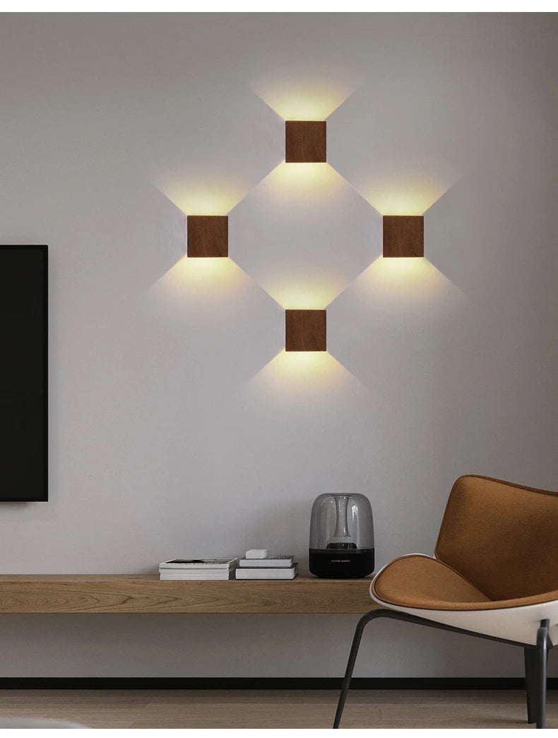 Imitation Wood Wall Light Led Up Down Bedside Japan Log Living Room Bedroom Wall Decor Lamp Wabi Sabi Walnut Corridor Sconce