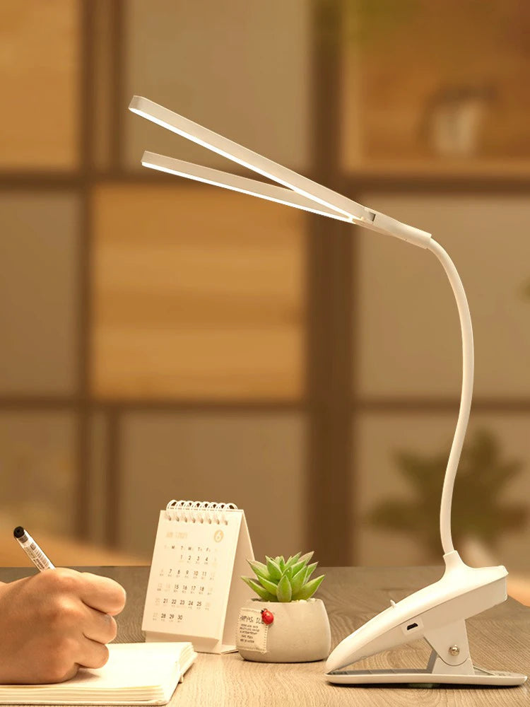 LED Double-headed Reading Table Lamp with Clip Touch Control Dimmable Light Eye Protection Mobile Phone Holder   Led Desk  Lamps