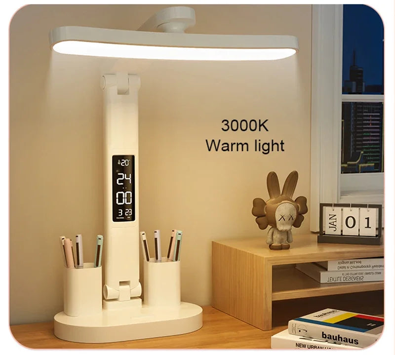 Clock LED Table Lamp USB Chargeable Dimmable Desk Lights Foldable Eye Protection Desktop Study desk  Reading  Night Light  LampS