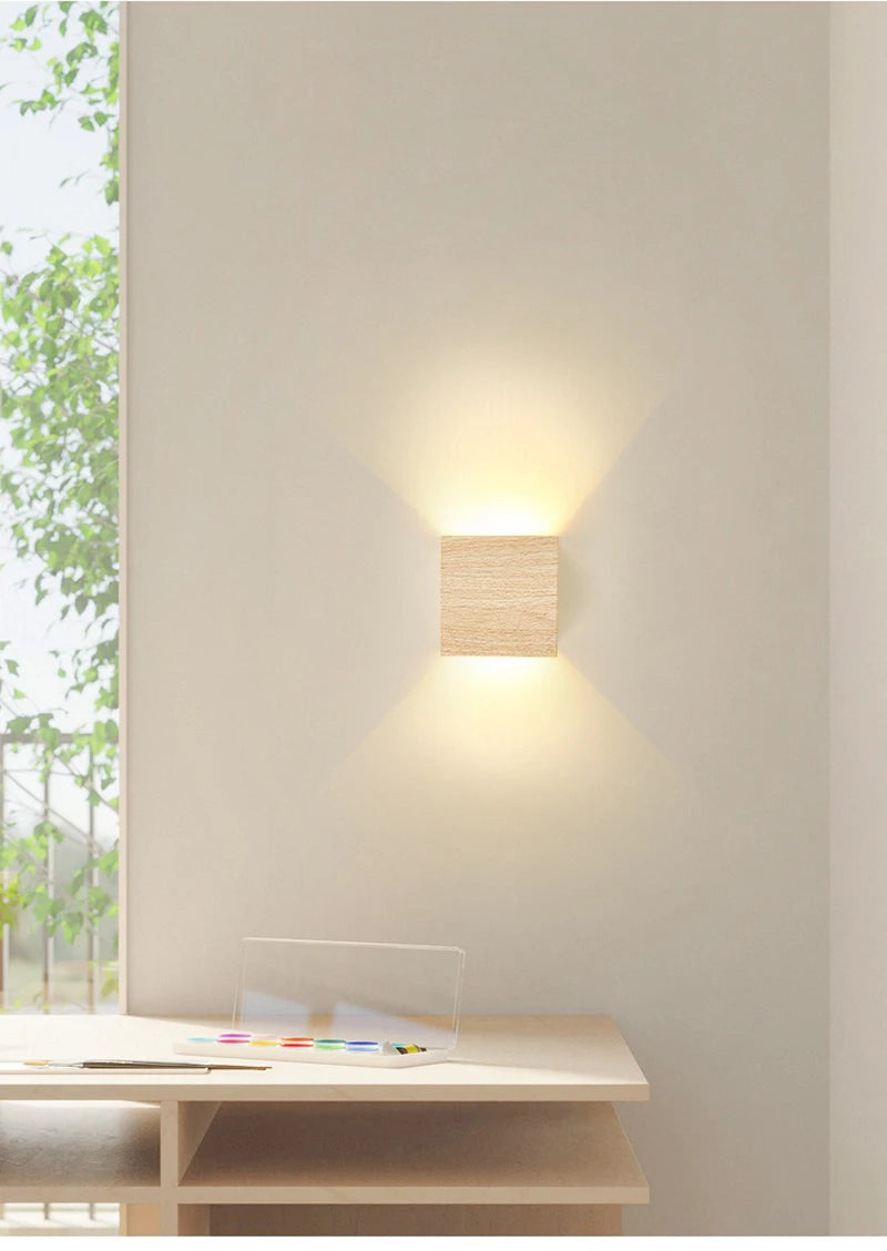 Nordic Wood Wall Lamp LED Original Wooden Walnut Square Room Decor Wall Sconce Bedroom Living Rooms Study Staircase Light Lustre