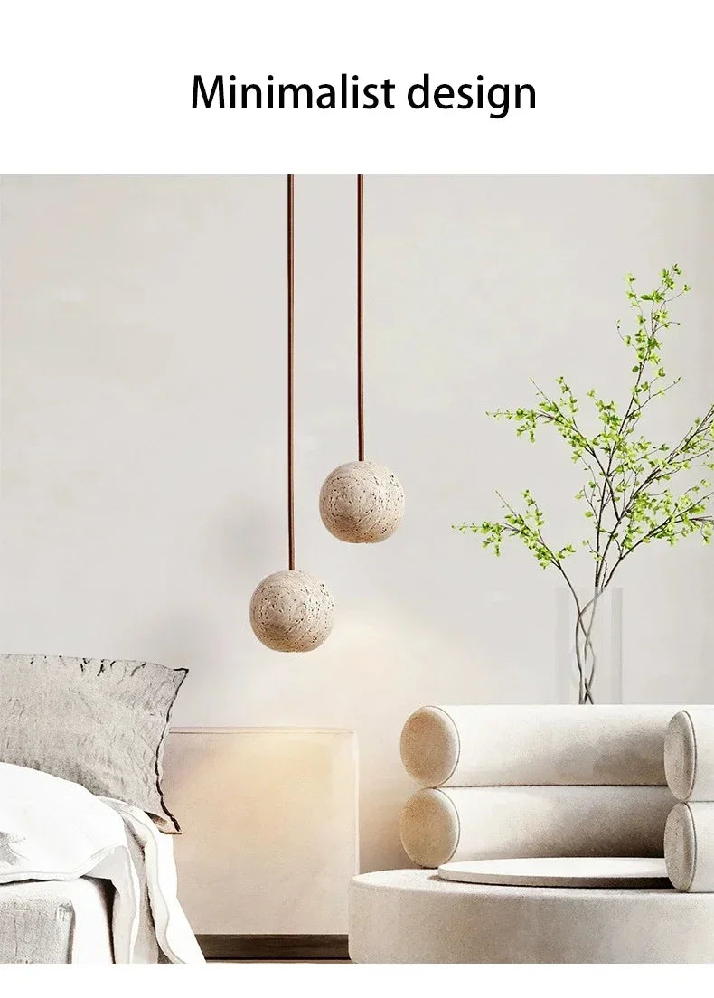 Pendant Lamp Stone Yellow Travertine Chandelier Bedside Small Round Light  Bedroom Creative Hanging Line Lighting