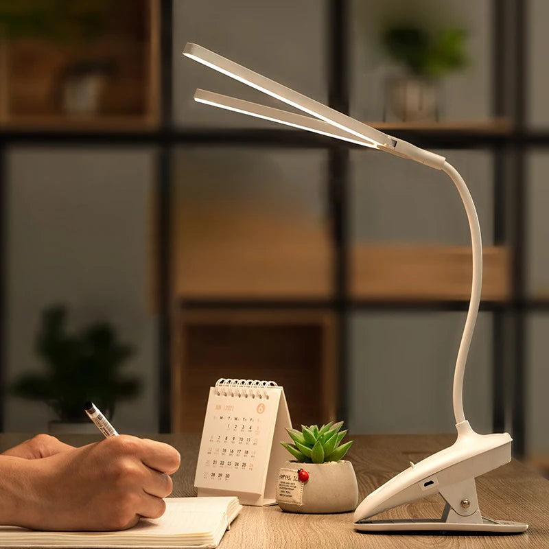 LED Double-headed Reading Table Lamp with Clip Touch Control Dimmable Light Eye Protection Mobile Phone Holder   Led Desk  Lamps