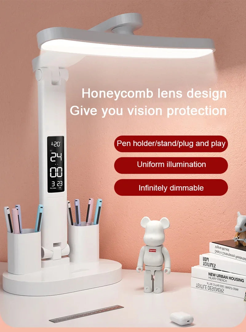 Clock LED Table Lamp USB Chargeable Dimmable Desk Lights Foldable Eye Protection Desktop Study desk  Reading  Night Light  LampS