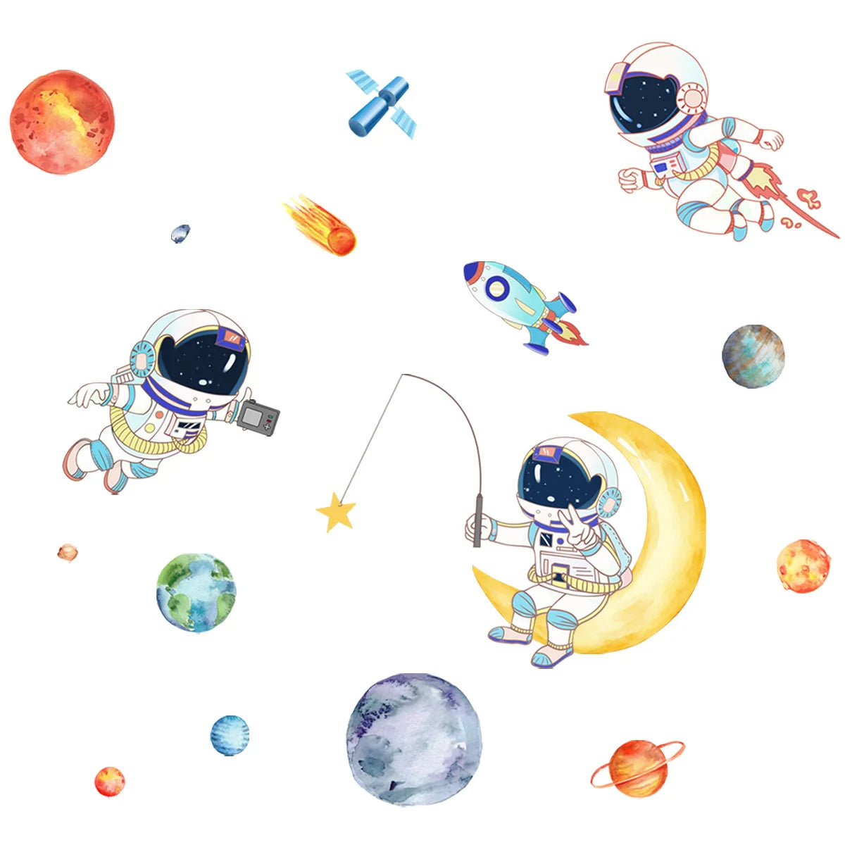 Cartoon planet Astronaut Wall Stickers Creative Home Wall Decor Self-adhesive Kids Room Decoration Bedroom Background Wall Decor