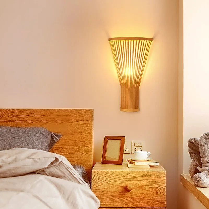 Classic Bamboo Wood Lustre Wall Sconce Lamp Rustic Ceiling Rattan Wicker Light Handmade Art Craft for Home Living Bed Room Decor