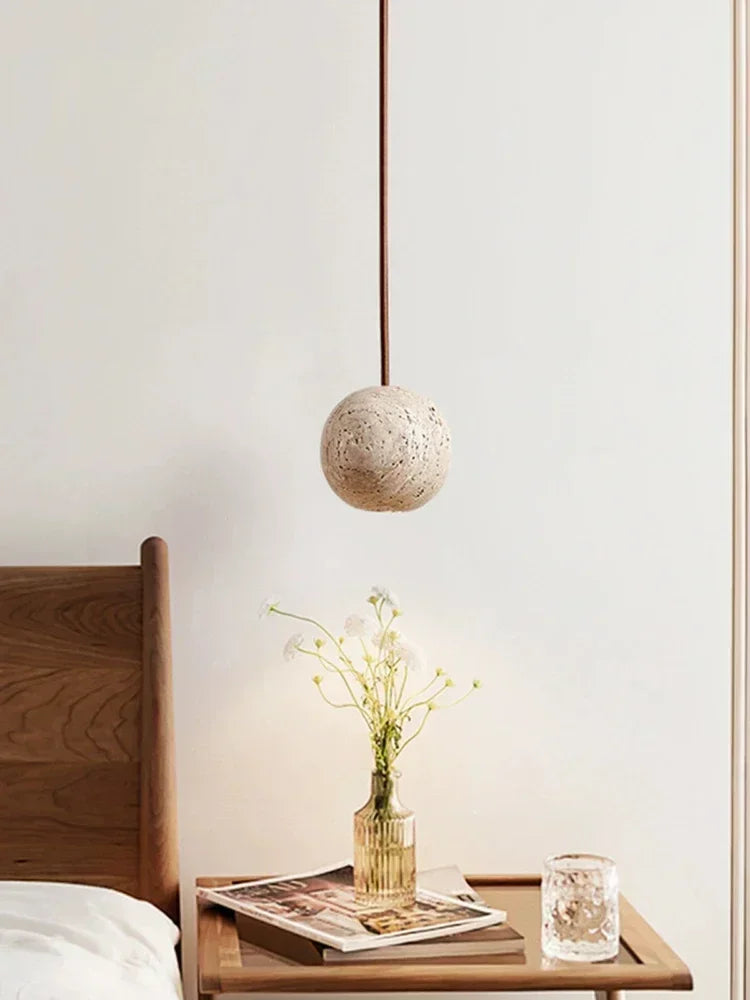 Pendant Lamp Stone Yellow Travertine Chandelier Bedside Small Round Light  Bedroom Creative Hanging Line Lighting