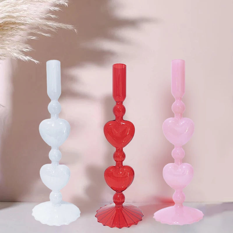 Valentine's Day Glass Vase Candlesticks Decoration Taper Candle Holders Red Heart Shape Candlesticks Home Decor Wedding Party