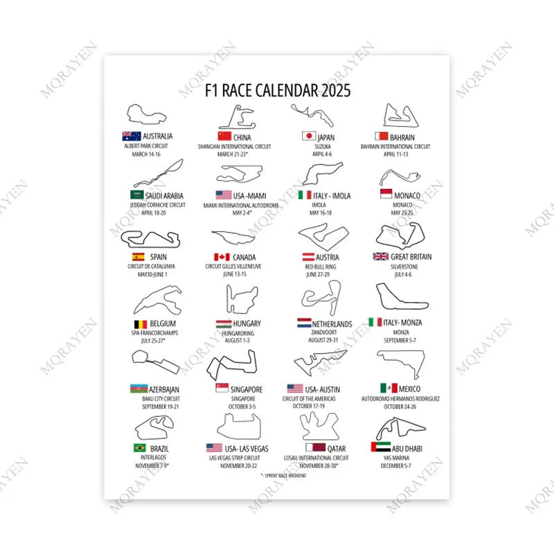 F1 Calendar Poster Track Circuit 2025 Formula 1 World Champions Car Evolution Racing Wall Art Print Canvas Painting Home Decor