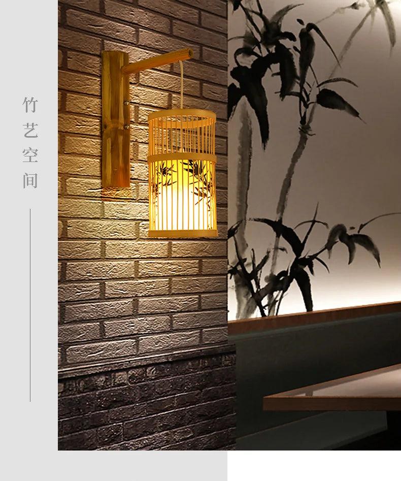 Classic Bamboo Wood Lustre Wall Sconce Lamp Rustic Ceiling Rattan Wicker Light Handmade Art Craft for Home Living Bed Room Decor