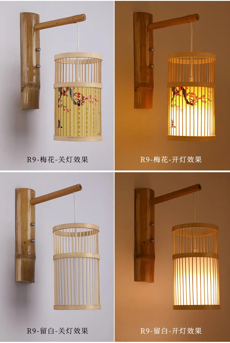 Classic Bamboo Wood Lustre Wall Sconce Lamp Rustic Ceiling Rattan Wicker Light Handmade Art Craft for Home Living Bed Room Decor