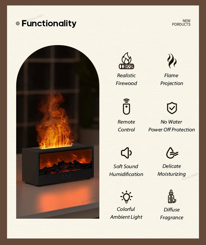 Creative Fireplace Aroma Diffuser Flame Air Humidifier Waterless Auto-Off Protection with Remote for Home Bedroom Holiday Gifts