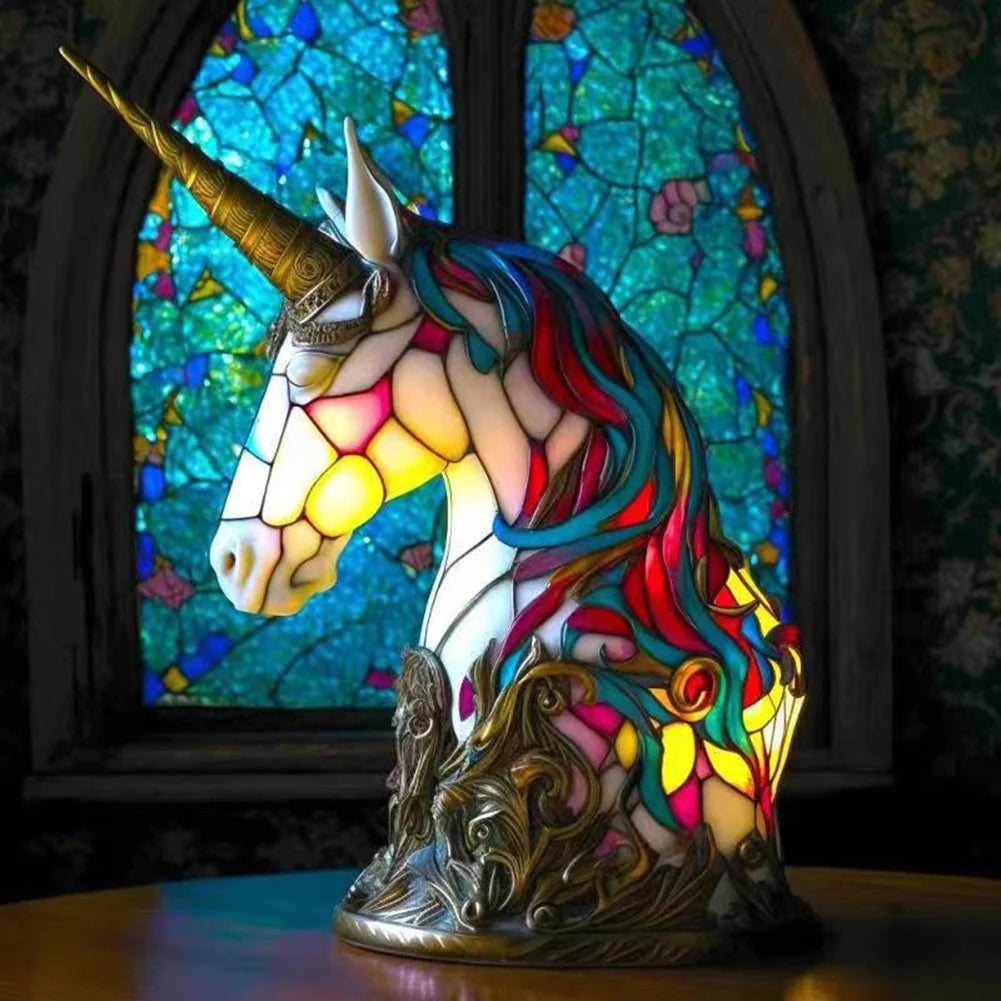 Animal Table Lamp Series Lion Dolphin Wolf Stained Glass Bedside Light Owl Horse Rooster Elephant for Living Room Bedroom Office