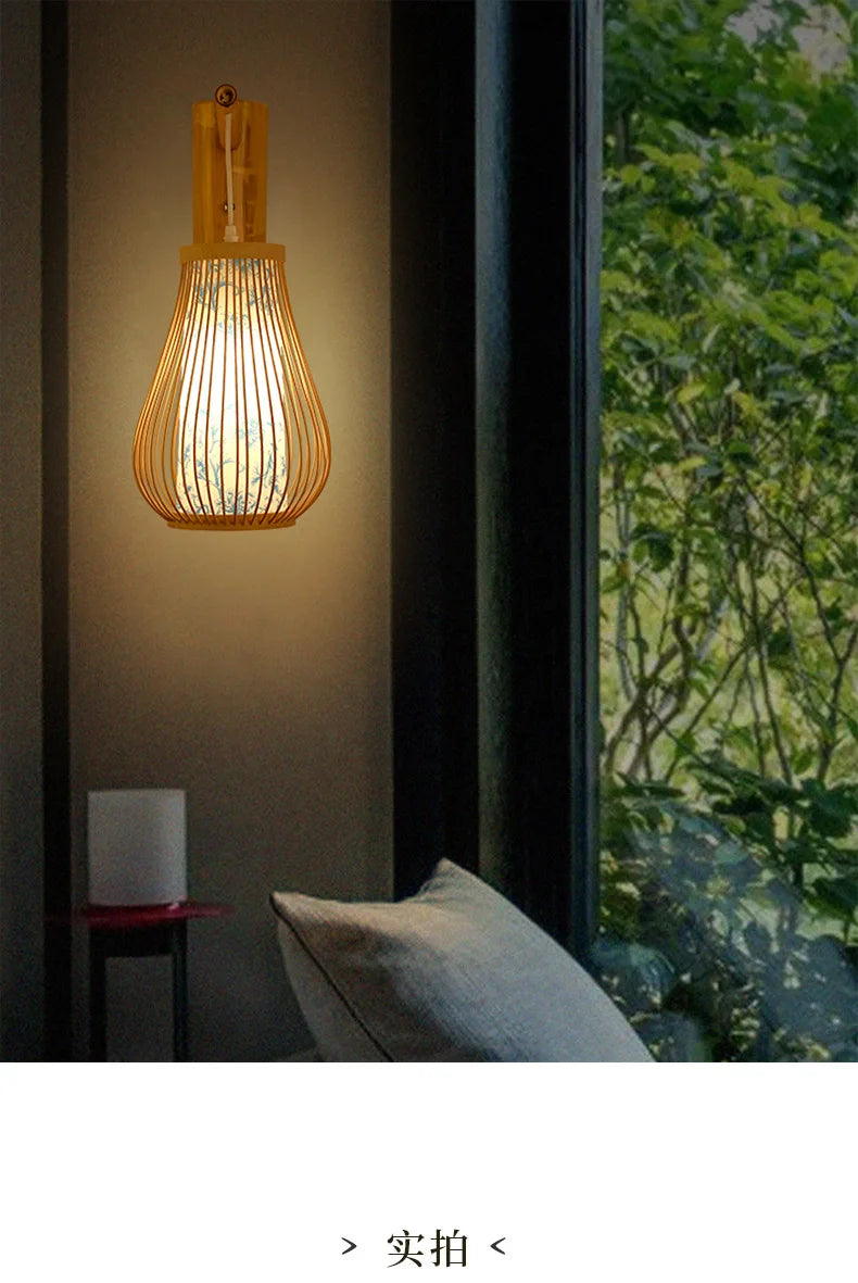 Classic Bamboo Wood Lustre Wall Sconce Lamp Rustic Ceiling Rattan Wicker Light Handmade Art Craft for Home Living Bed Room Decor