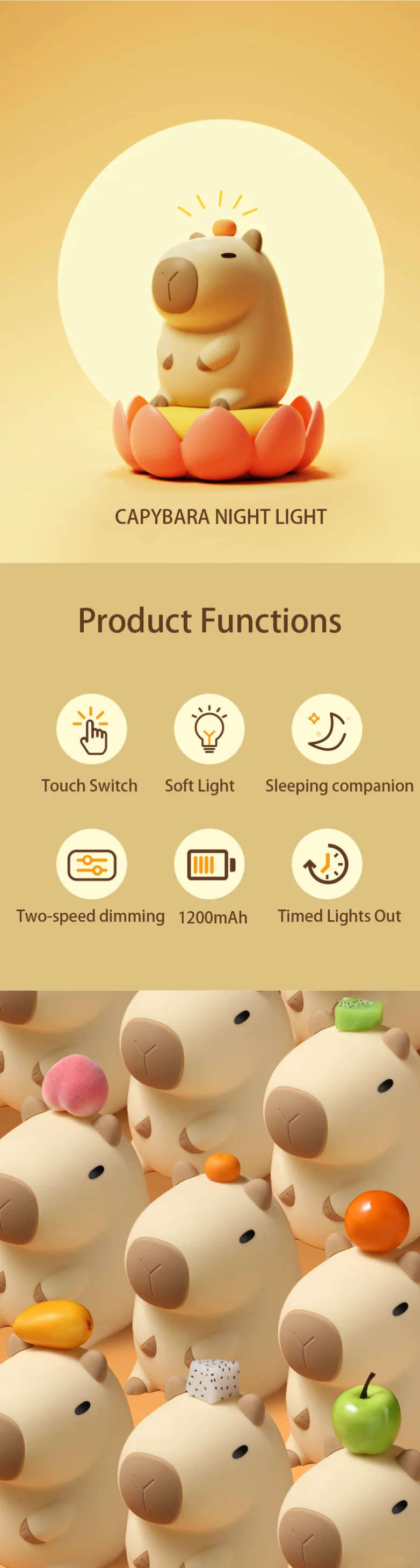 Cute Cartoon Capybara Night Light Silicone Animal Lamp USB Rechargeable Timing Dimming Sleep Night Lamp for Children's Gifts