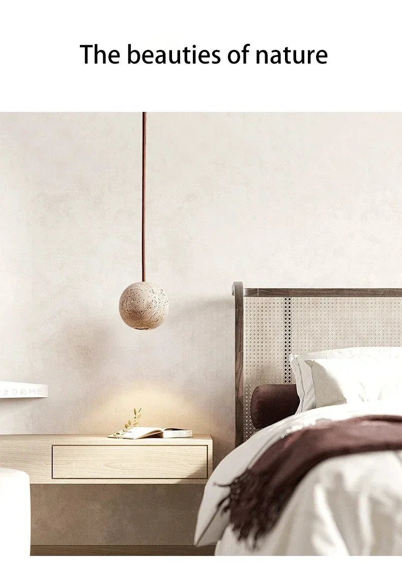 Pendant Lamp Stone Yellow Travertine Chandelier Bedside Small Round Light  Bedroom Creative Hanging Line Lighting