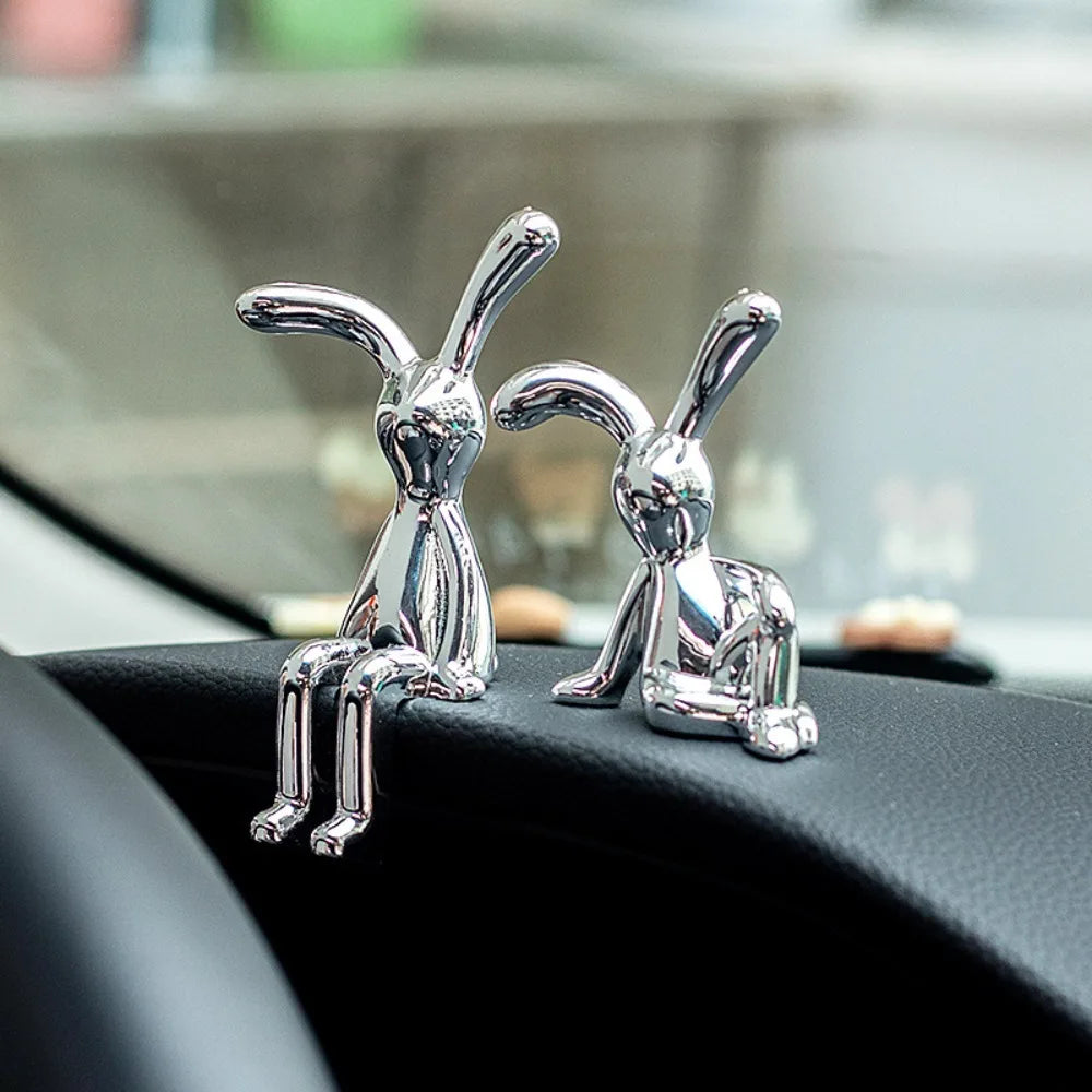 Cute Cartoon Long Eared Rabbit Figurines Electroplating Eco-friendly Plastic Rabbit Car Center Console Ornament Home Decor Gift