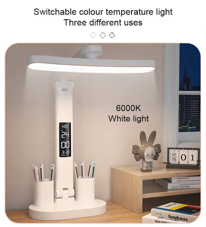 Clock LED Table Lamp USB Chargeable Dimmable Desk Lights Foldable Eye Protection Desktop Study desk  Reading  Night Light  LampS