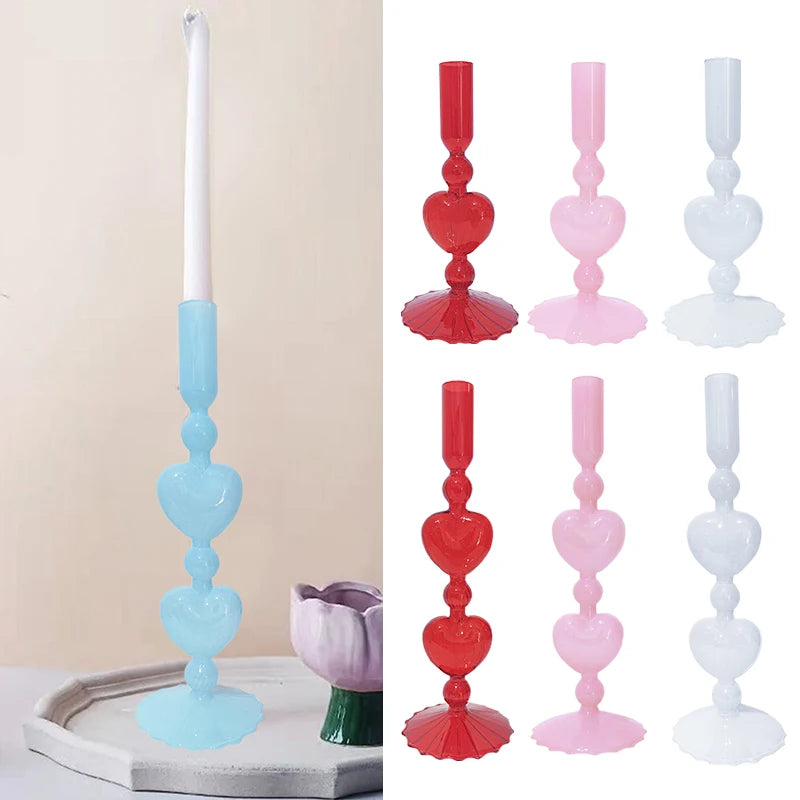 Valentine's Day Glass Vase Candlesticks Decoration Taper Candle Holders Red Heart Shape Candlesticks Home Decor Wedding Party