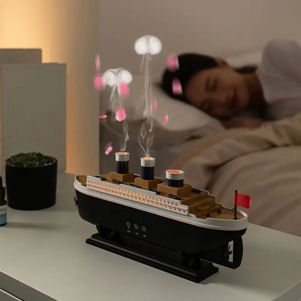 Creative Ocean Liner Air Humidifier Waterless Auto-Off Aroma Essential Oil Diffuser with LED Light Remote Control for Home