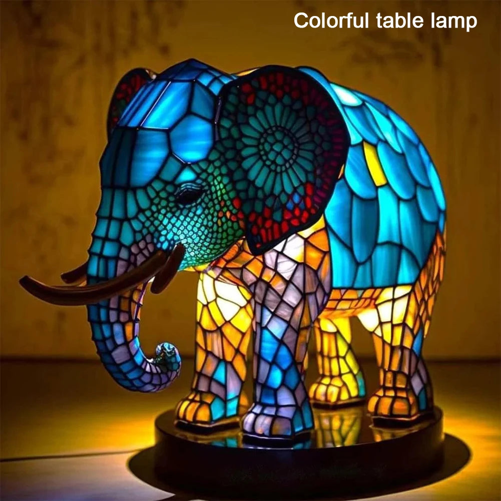 Animal Table Lamp Series Lion Dolphin Wolf Stained Glass Bedside Light Owl Horse Rooster Elephant for Living Room Bedroom Office