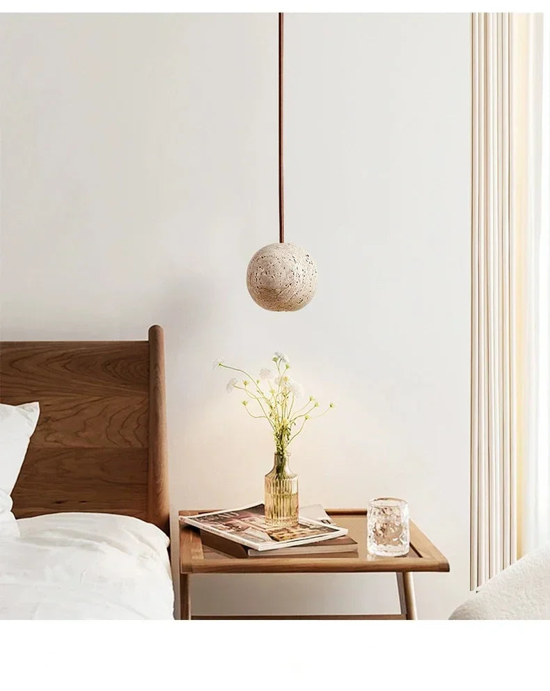 Pendant Lamp Stone Yellow Travertine Chandelier Bedside Small Round Light  Bedroom Creative Hanging Line Lighting