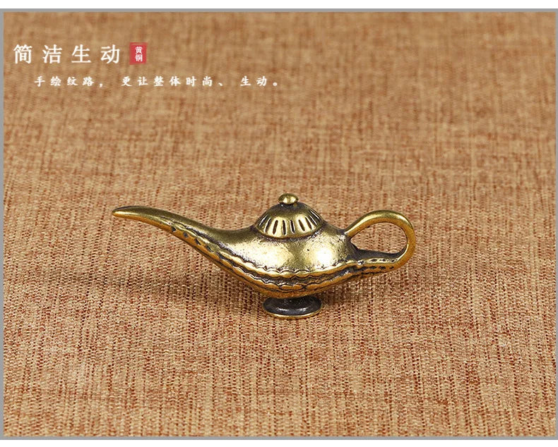 Brass Aladdin Magic Lamp Figurines Miniatures Creative Keychain Pendant Decoration Trinket Metal Copper Oil Lamp Keyring Hanging