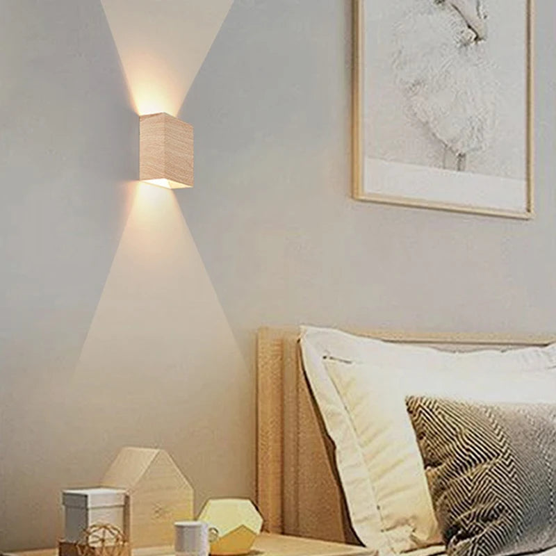 Nordic Wood Wall Lamp LED Original Wooden Walnut Square Room Decor Wall Sconce Bedroom Living Rooms Study Staircase Light Lustre