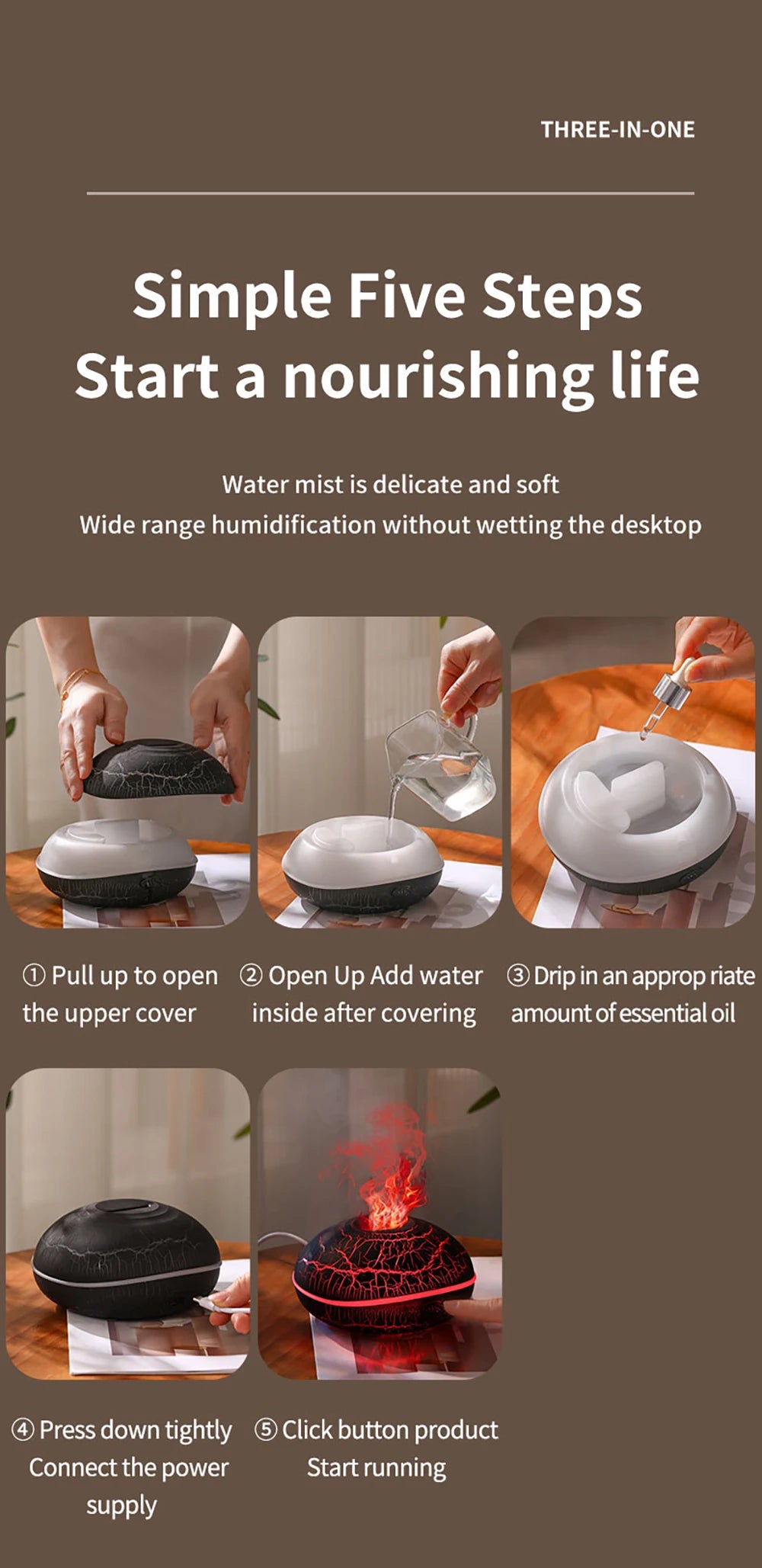 Aroma Humidifier Flame Essential Oil Diffuser Ultrasonic Aromatherapy Air Humidifier Home Mini Fragrance Diffuser with LED Light