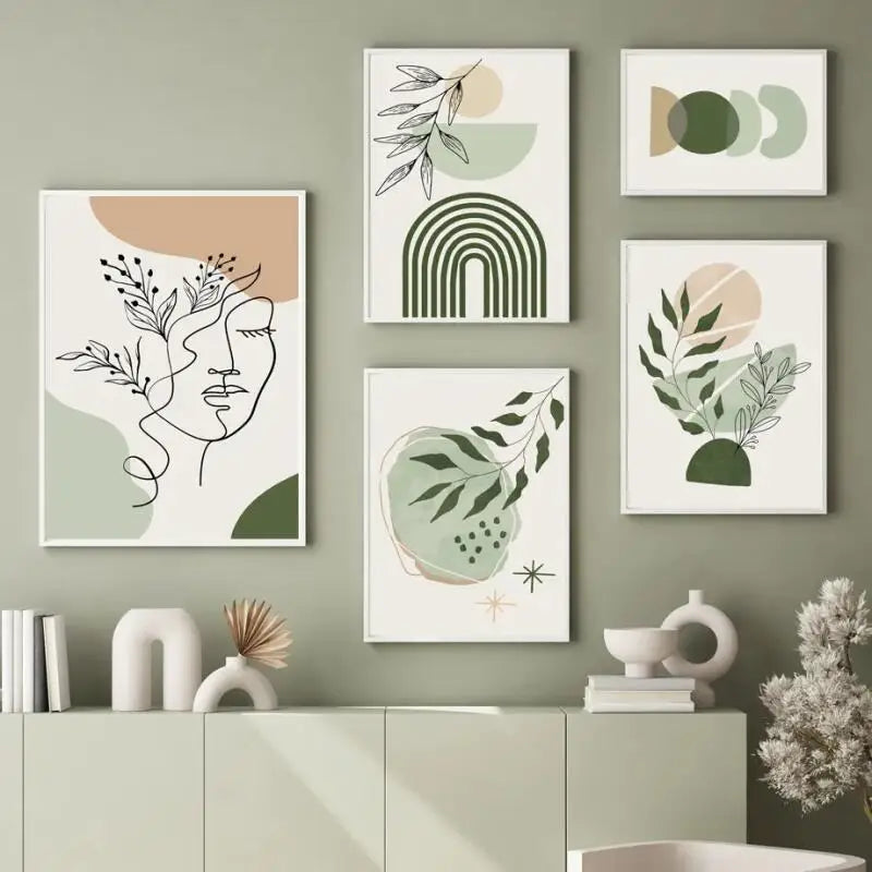 Boho Sage Green Plants Posters  Abstract Artwork Geometric Wall Art Canvas Painting Nordic Art Poster Living Room Home Decor