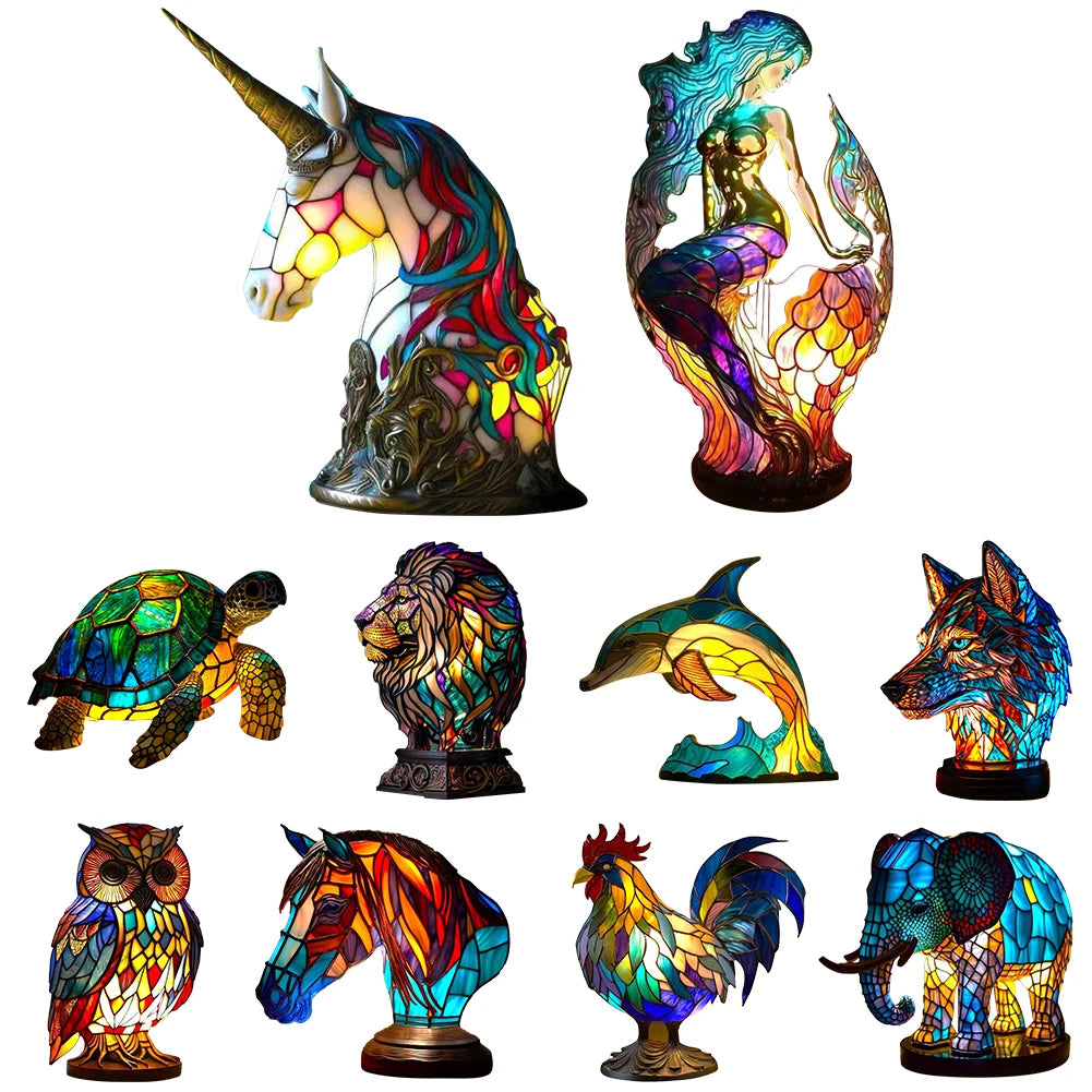 Animal Table Lamp Series Lion Dolphin Wolf Stained Glass Bedside Light Owl Horse Rooster Elephant for Living Room Bedroom Office
