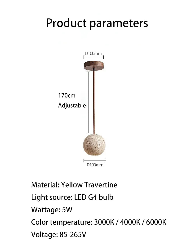 Pendant Lamp Stone Yellow Travertine Chandelier Bedside Small Round Light  Bedroom Creative Hanging Line Lighting
