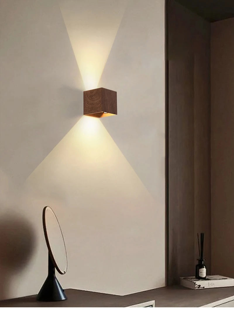 Nordic Wood Wall Lamp LED Original Wooden Walnut Square Room Decor Wall Sconce Bedroom Living Rooms Study Staircase Light Lustre