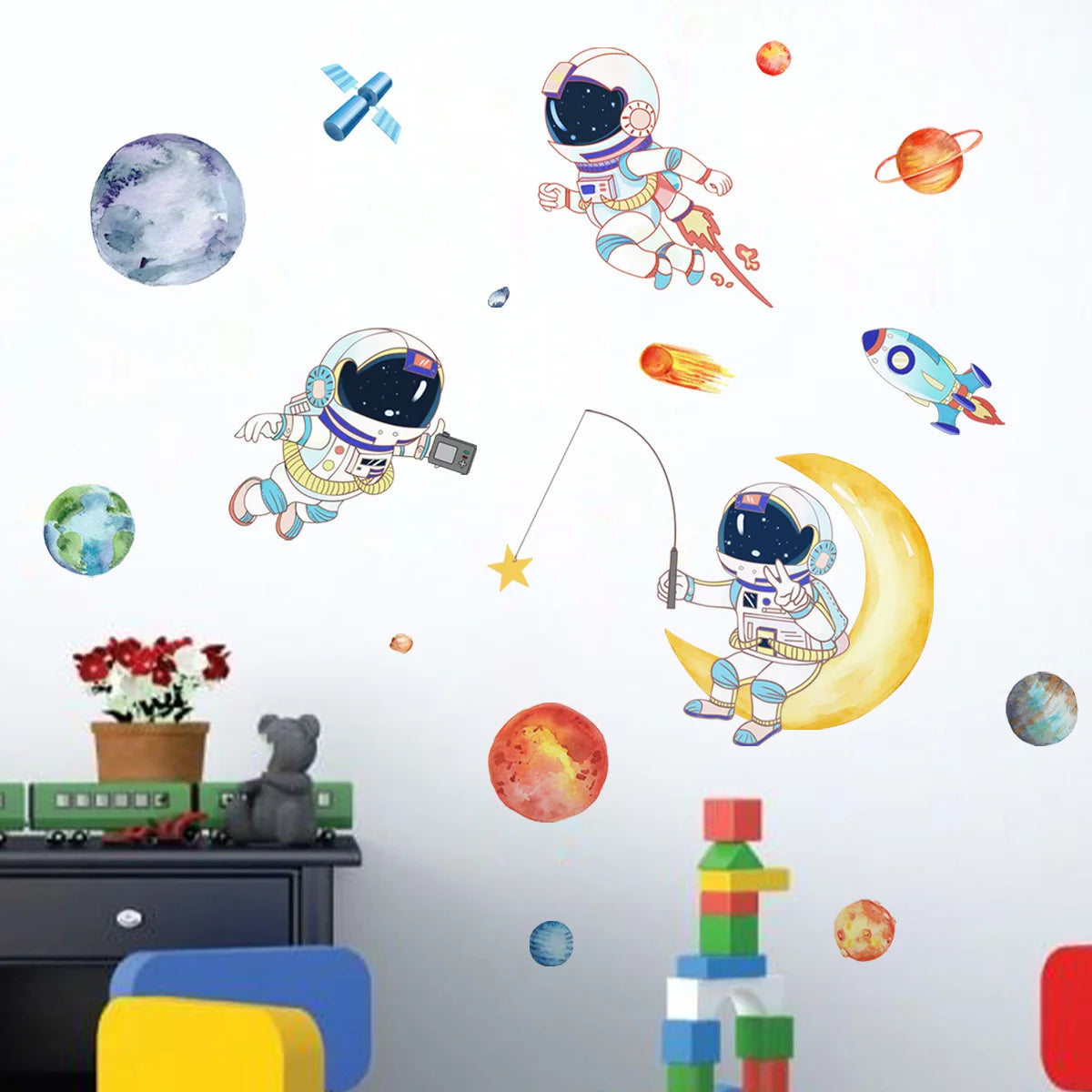 Cartoon planet Astronaut Wall Stickers Creative Home Wall Decor Self-adhesive Kids Room Decoration Bedroom Background Wall Decor
