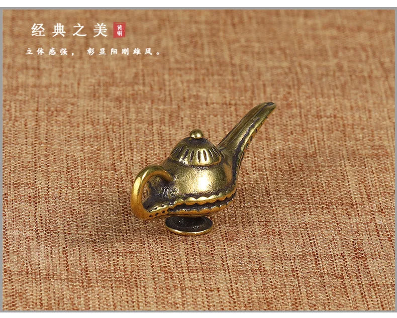 Brass Aladdin Magic Lamp Figurines Miniatures Creative Keychain Pendant Decoration Trinket Metal Copper Oil Lamp Keyring Hanging