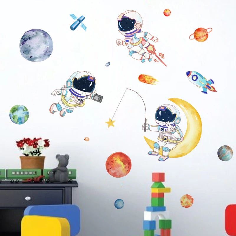 Cartoon planet Astronaut Wall Stickers Creative Home Wall Decor Self-adhesive Kids Room Decoration Bedroom Background Wall Decor