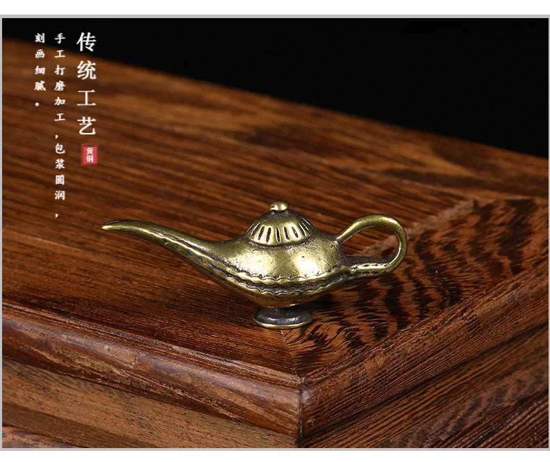 Brass Aladdin Magic Lamp Figurines Miniatures Creative Keychain Pendant Decoration Trinket Metal Copper Oil Lamp Keyring Hanging