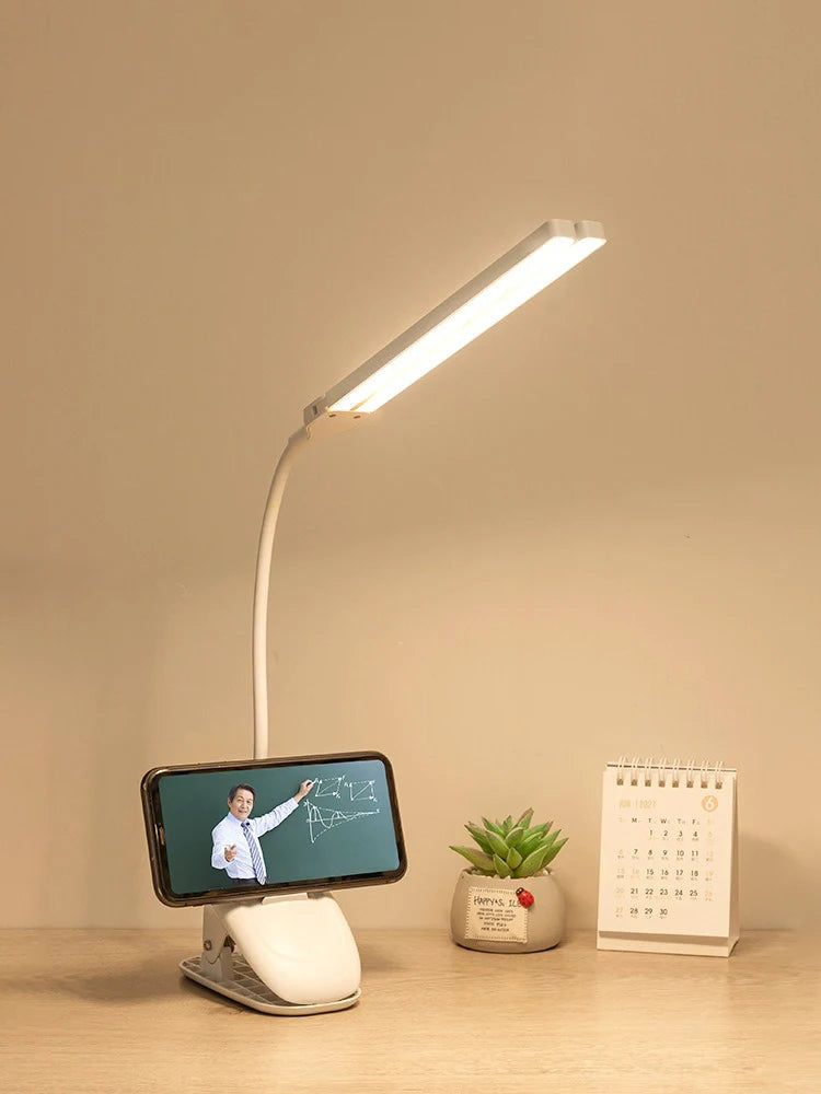 LED Double-headed Reading Table Lamp with Clip Touch Control Dimmable Light Eye Protection Mobile Phone Holder   Led Desk  Lamps