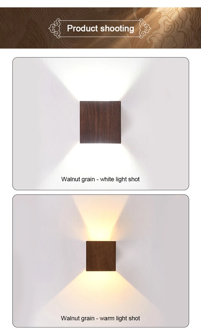 Nordic Wood Wall Lamp LED Original Wooden Walnut Square Room Decor Wall Sconce Bedroom Living Rooms Study Staircase Light Lustre
