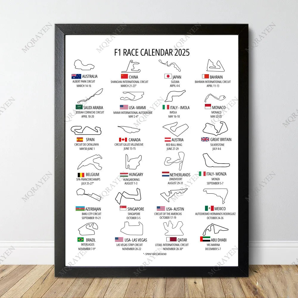 F1 Calendar Poster Track Circuit 2025 Formula 1 World Champions Car Evolution Racing Wall Art Print Canvas Painting Home Decor