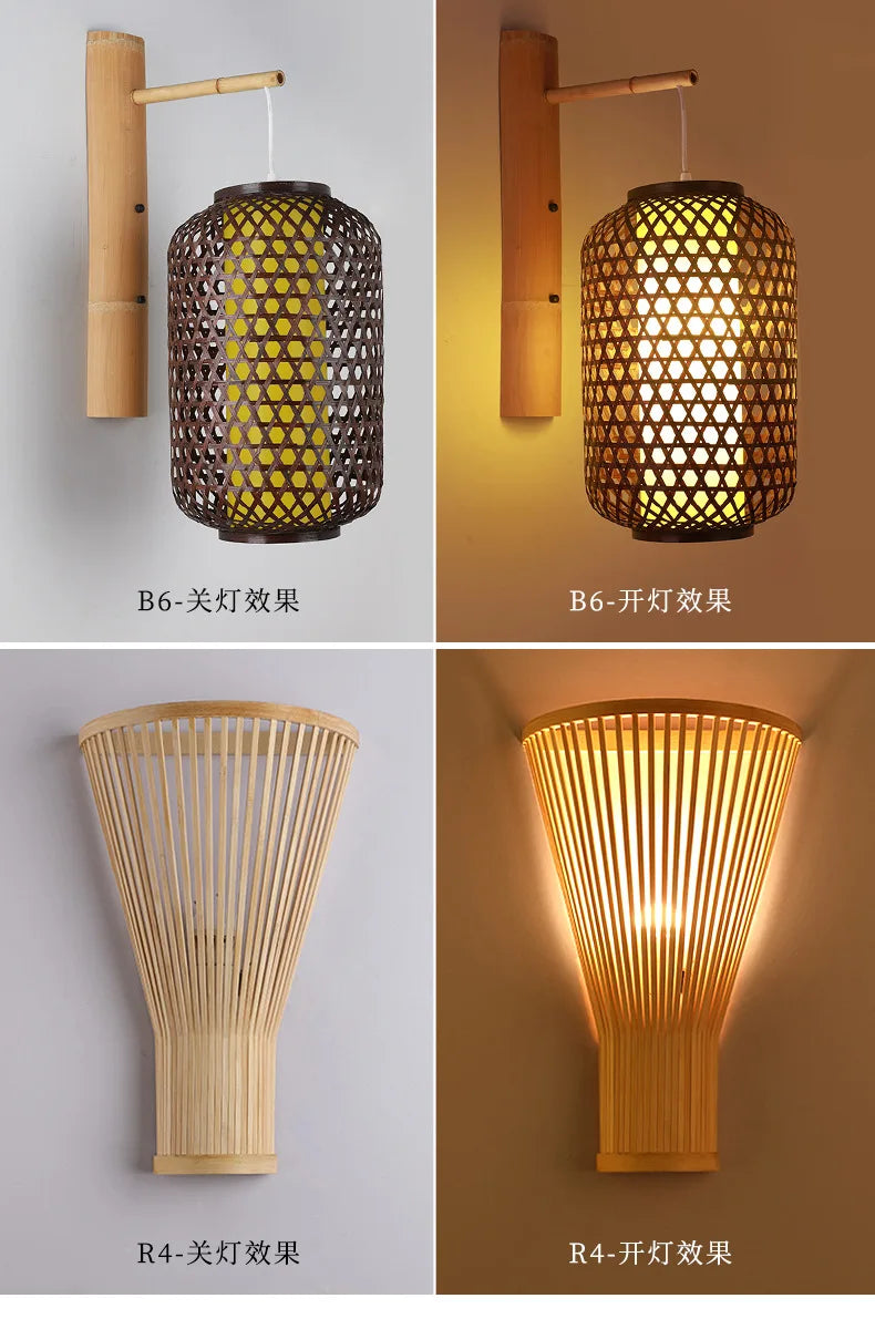 Classic Bamboo Wood Lustre Wall Sconce Lamp Rustic Ceiling Rattan Wicker Light Handmade Art Craft for Home Living Bed Room Decor
