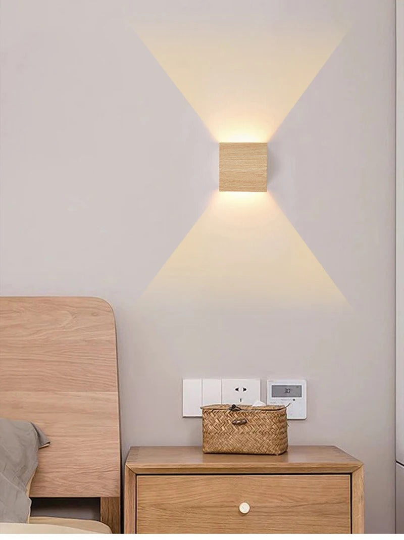 Nordic Wood Wall Lamp LED Original Wooden Walnut Square Room Decor Wall Sconce Bedroom Living Rooms Study Staircase Light Lustre