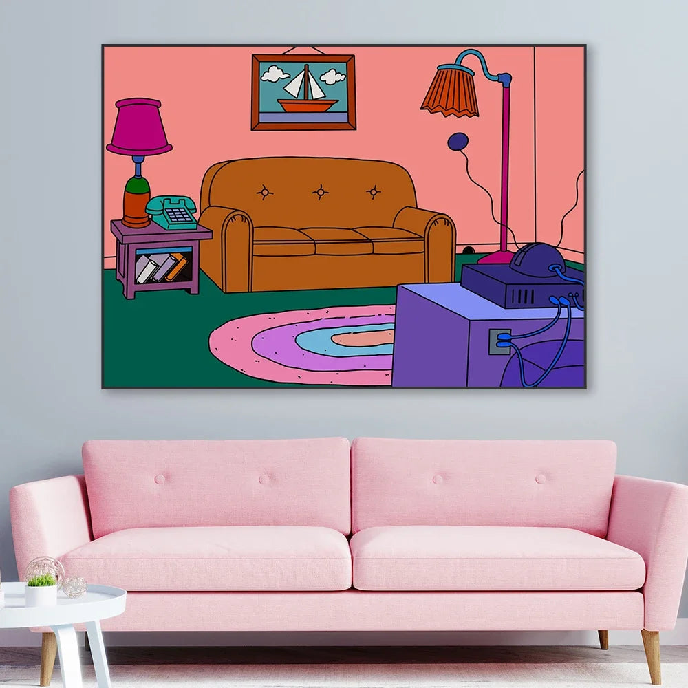 Simpsons Living Room Canvas Painting Movie Retro Funky Car Prints Simpsons Boat Landscape Poster Home Kids Bedroom Decor
