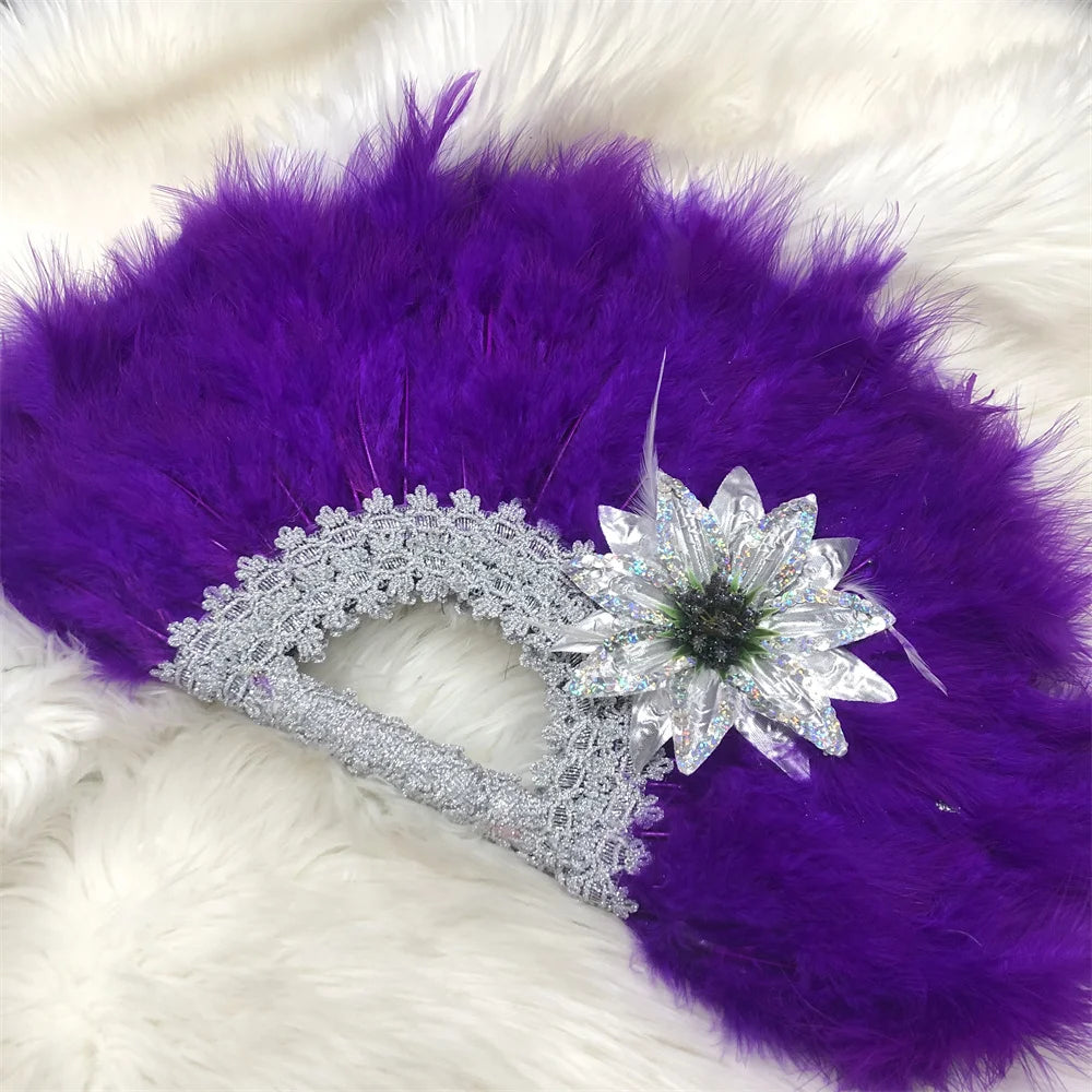 1pcs African Turkey Feather Hand Fan Handmade Fans for Dance Wedding Decoration Hand Fan with Flower Feather Hand Held Fan