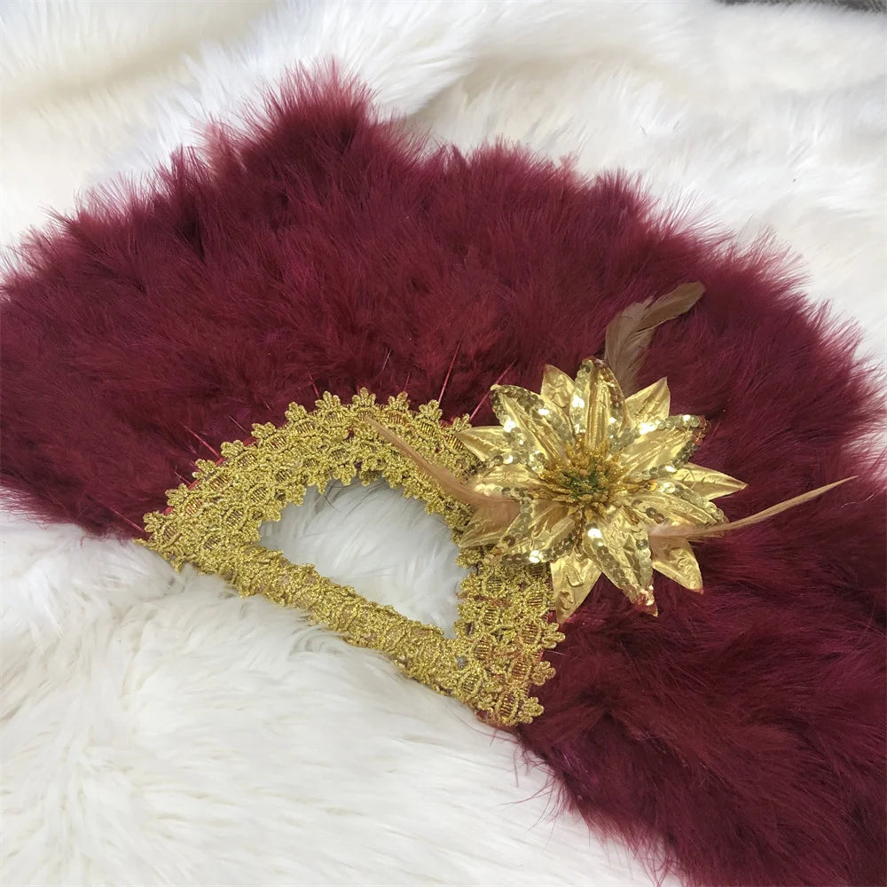 1pcs African Turkey Feather Hand Fan Handmade Fans for Dance Wedding Decoration Hand Fan with Flower Feather Hand Held Fan