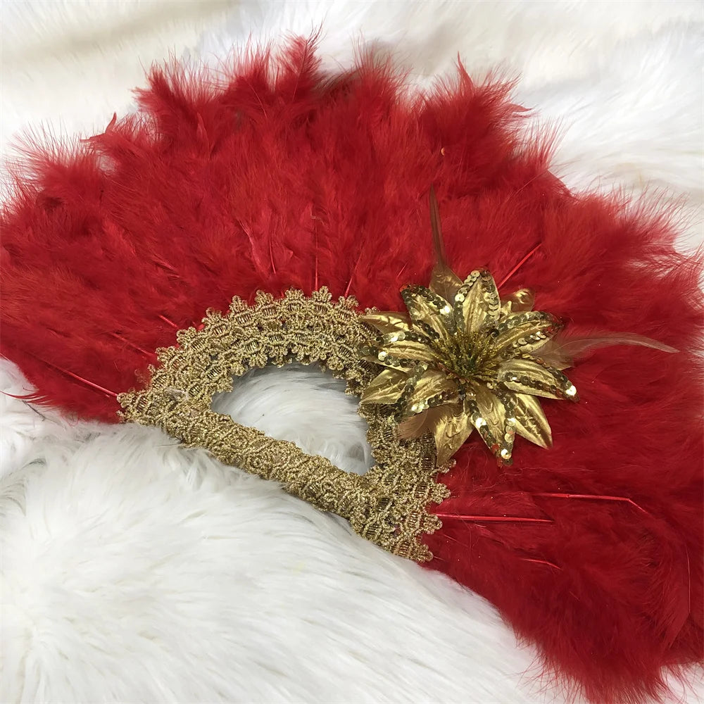 1pcs African Turkey Feather Hand Fan Handmade Fans for Dance Wedding Decoration Hand Fan with Flower Feather Hand Held Fan