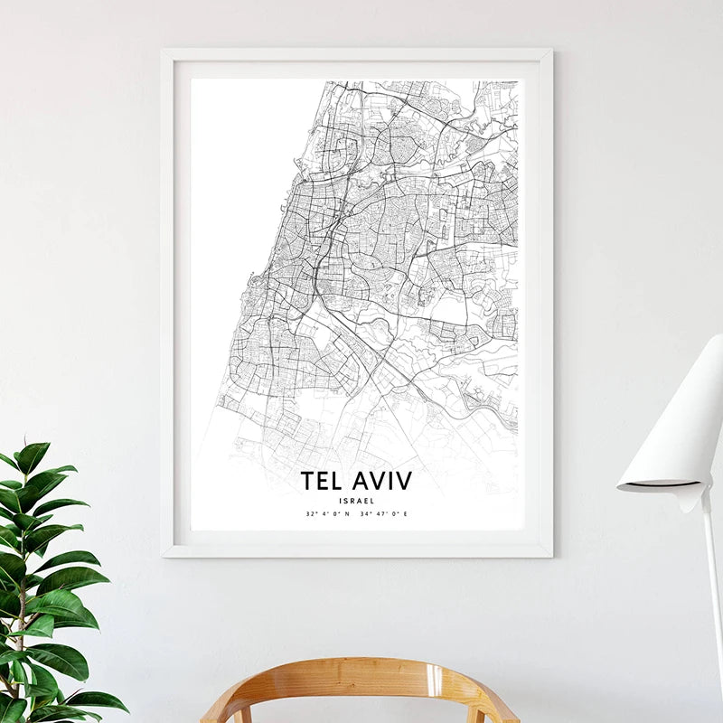 Tel Aviv Map Print Israel City Street Road Map Poster Black White Minimalist Wall Pictures Nordic Style Canvas Painting Decor