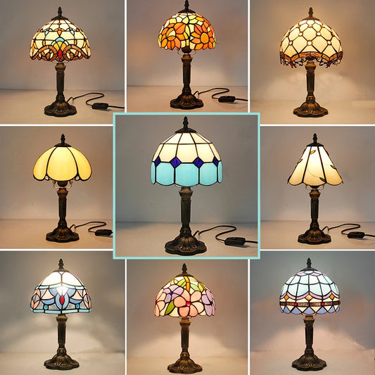 Tiffany Stained Glass Table Lamps Retro Mediterranean Bedside Table Lamp Light With Plug in Baroque Bedroom Table Lights