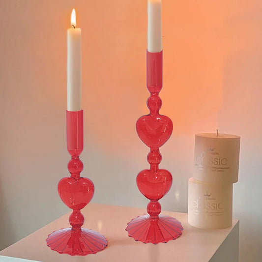 Valentine's Day Glass Vase Candlesticks Decoration Taper Candle Holders Red Heart Shape Candlesticks Home Decor Wedding Party