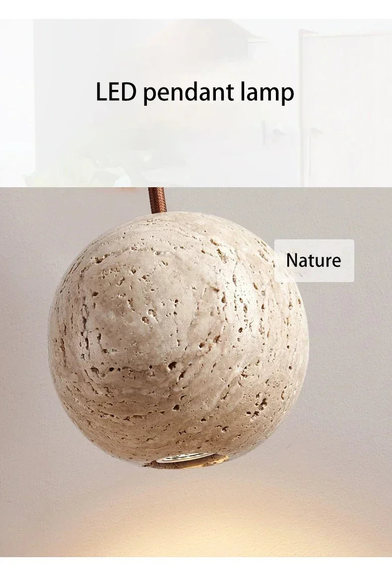Pendant Lamp Stone Yellow Travertine Chandelier Bedside Small Round Light  Bedroom Creative Hanging Line Lighting